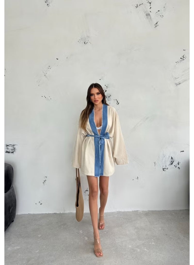 Ded Collection Women's Denim Detailed Linen Summer Kimono with Waist Tie - Image 1